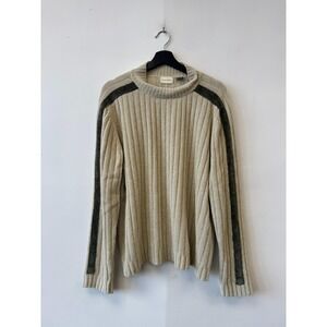 VTG Falls Creek Sweater Mens XL Beige Green Stripe Ribbed Knit Crewneck Pullover